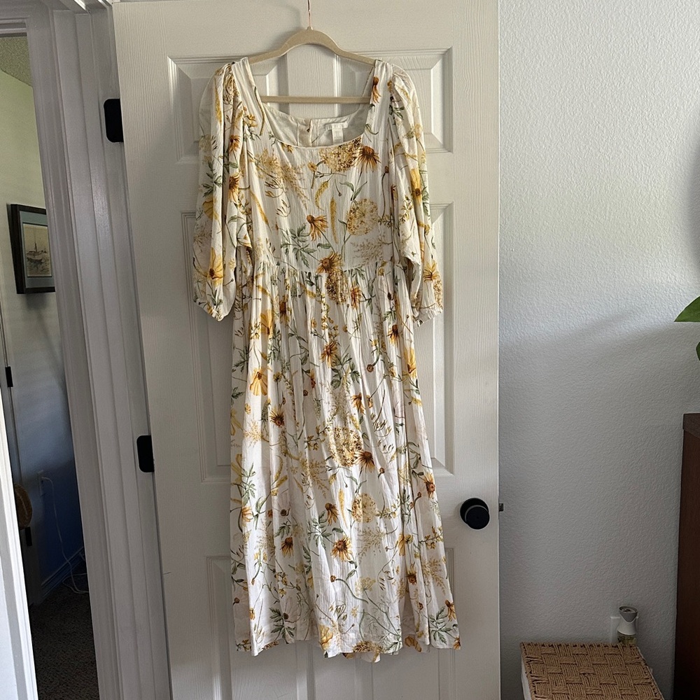 H&M Cream and Yellow Floral Long Sleeve Dress